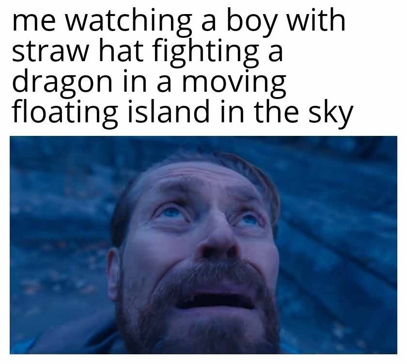 Willem dafoe looking up meme staring awestruck watching straw hat boy fight dragon on floating sky island Willem dafoe looking up meme staring awestruck watching straw hat boy fight dragon on floating sky island