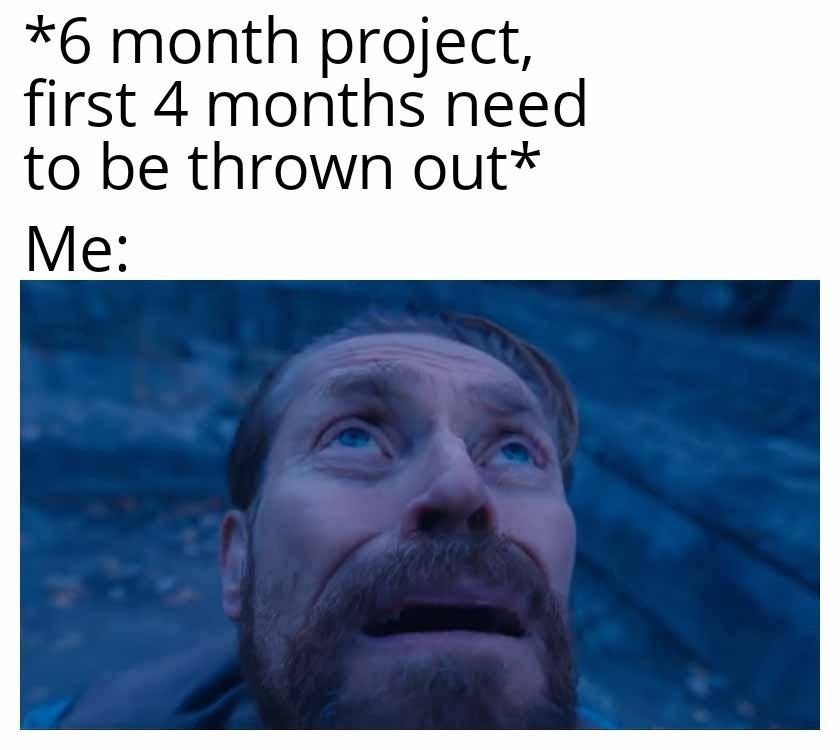 Willem dafoe looking up meme staring up in despair when 6 month project needs first 4 months thrown out Willem dafoe looking up meme staring up in despair when 6 month project needs first 4 months thrown out