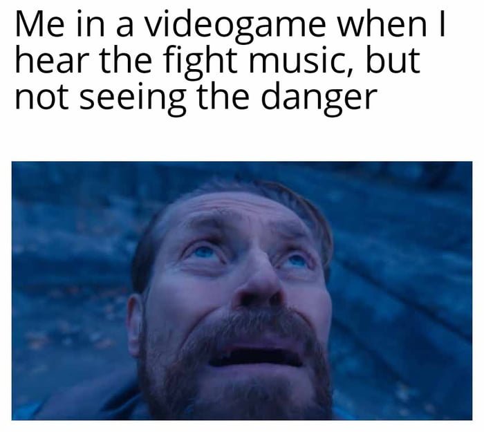Willem dafoe looking up meme looking up nervously when hearing game fight music but seeing no danger Willem dafoe looking up meme looking up nervously when hearing game fight music but seeing no danger