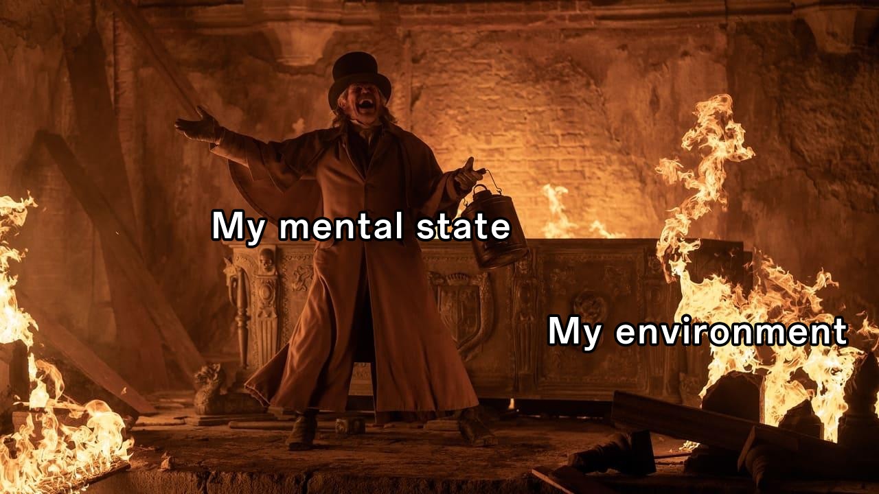 Willem dafoe meme mental state vs burning environment