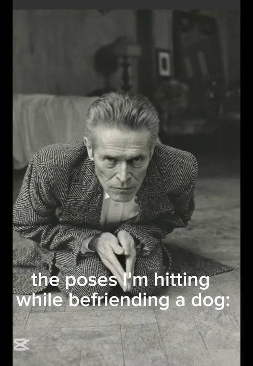 Willem dafoe meme pose while befriending a dog