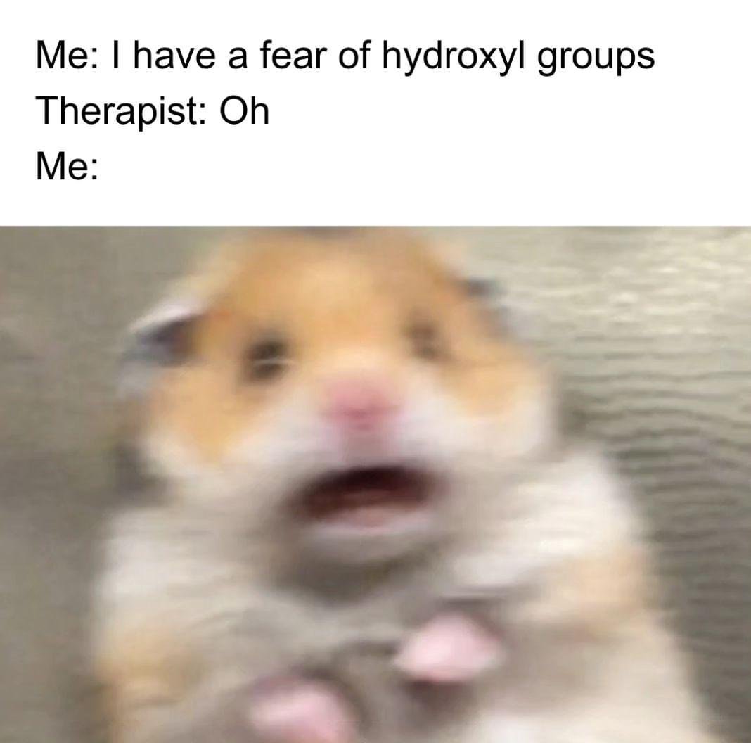 Scared hamster meme panicking after confessing fear of hydroxyl groups to therapist