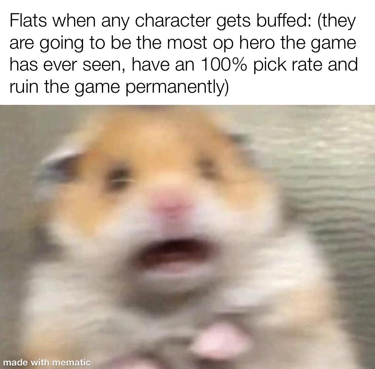 Scared hamster meme panicking when game character gets buffed and ruins the game