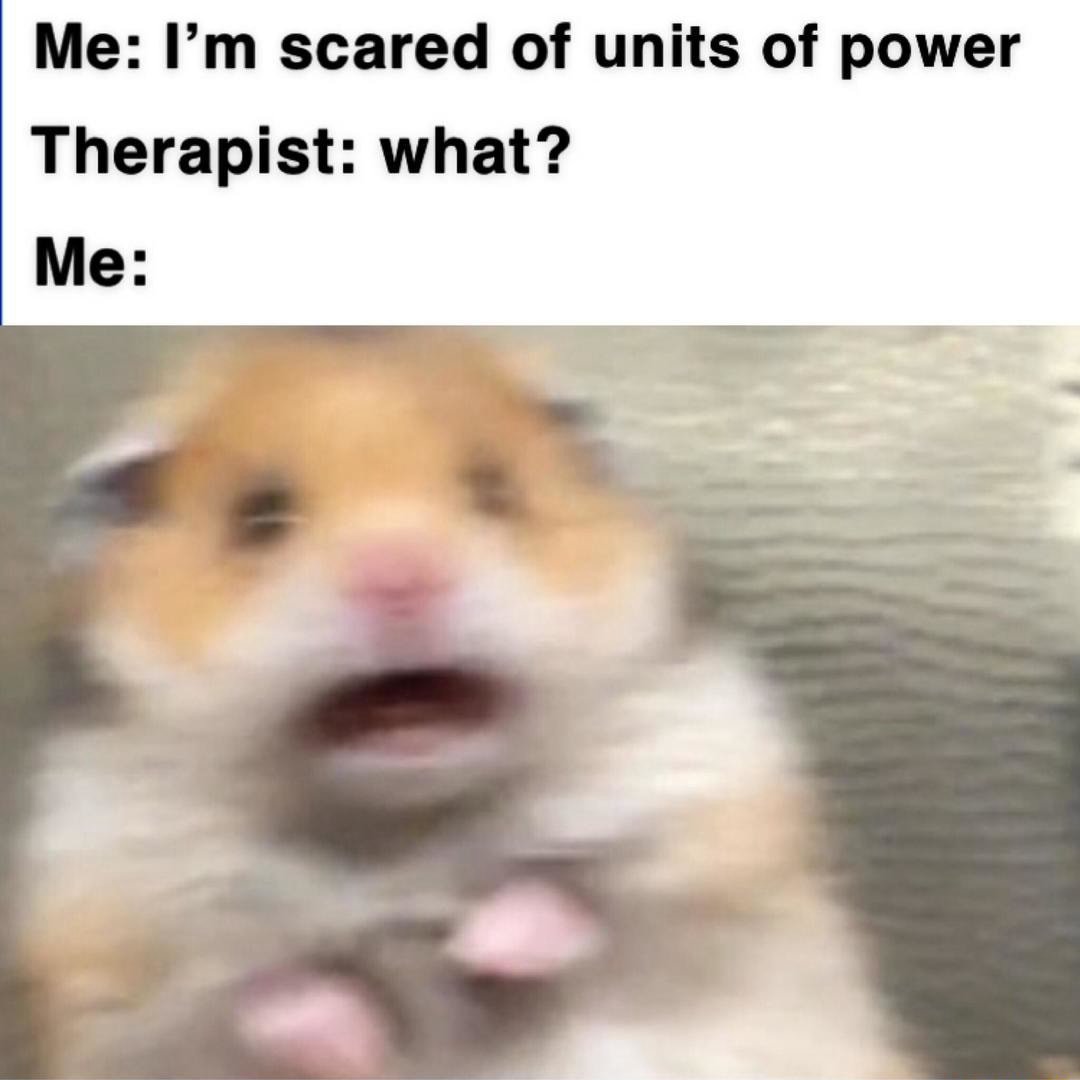 Scared hamster meme panicking when admitting fear of units of power to therapist