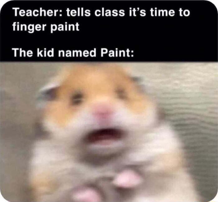 Scared hamster meme shocked when kid named Paint hears teacher tell class to finger paint