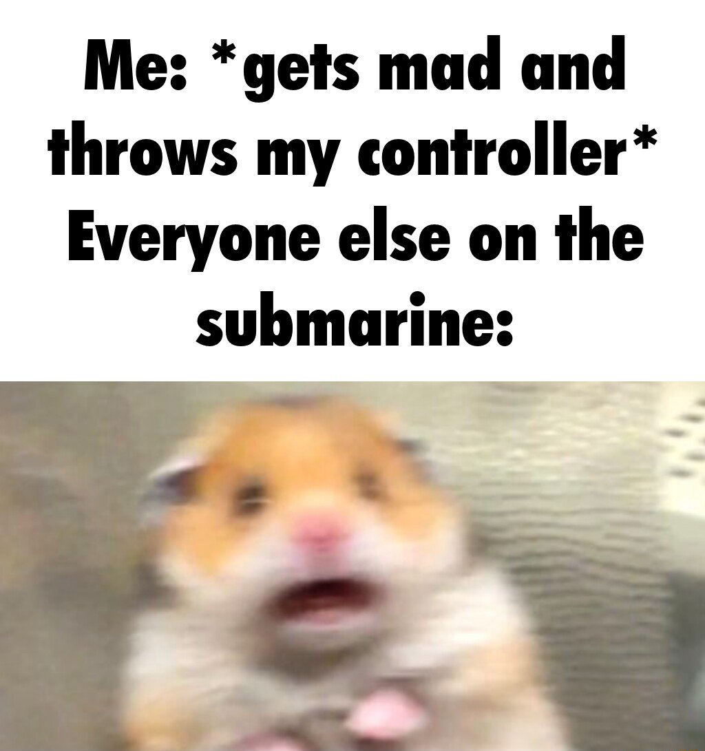 Scared hamster meme panicking when angry gamer throws controller on submarine