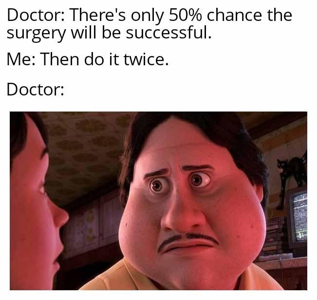 Monster house staring face meme shocked at patient asking to do surgery twice for 50% success rate Monster house staring face meme shocked at patient asking to do surgery twice for 50% success rate