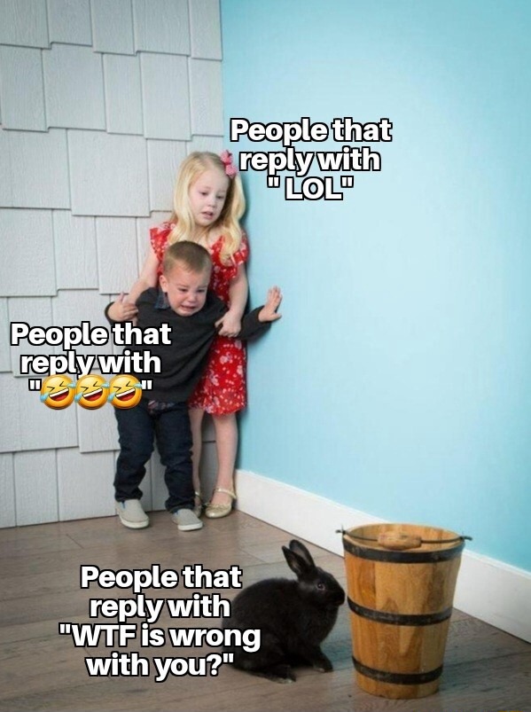 Kids scared of rabbit meme cower in corner reacting to different chat replies