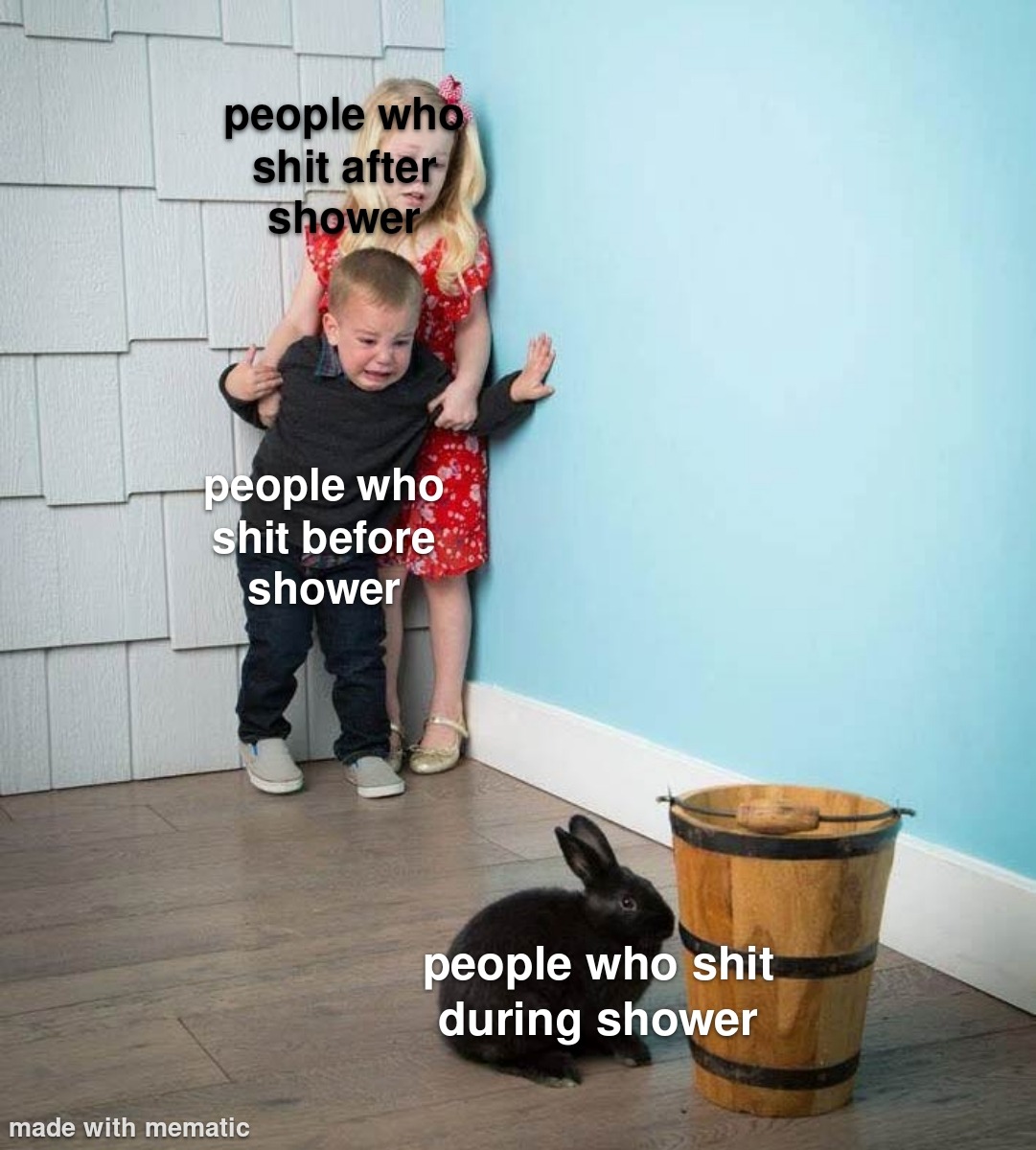 Kids scared of rabbit meme cowering in corner afraid of people who shit during shower