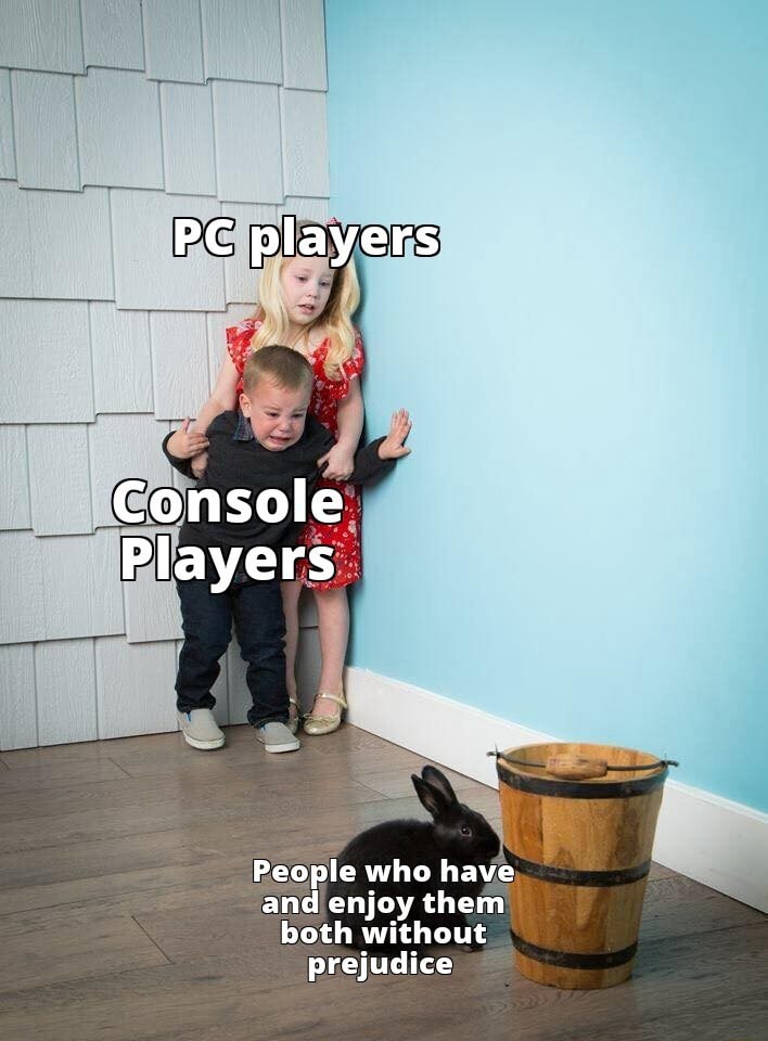 Kids scared of rabbit meme pc and console players cowering from people who enjoy both gaming platforms