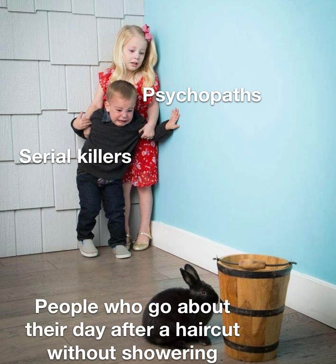Kids scared of rabbit meme terrified of people not showering after haircut