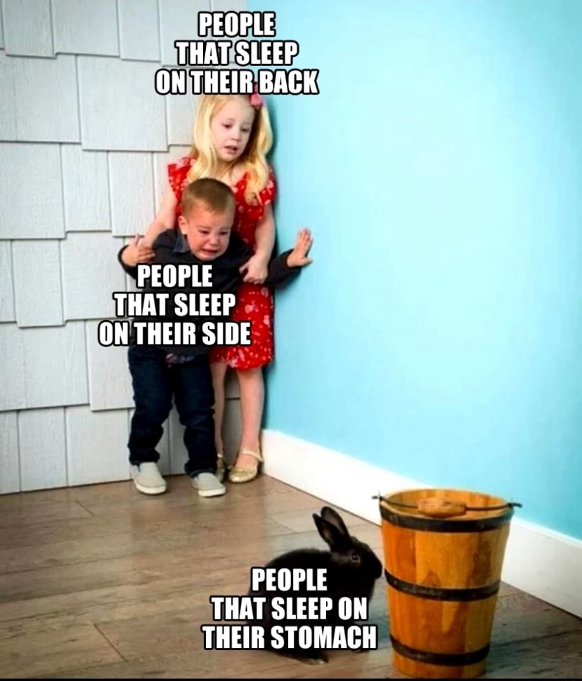 Kids scared of rabbit meme cowering in corner fearing stomach sleepers