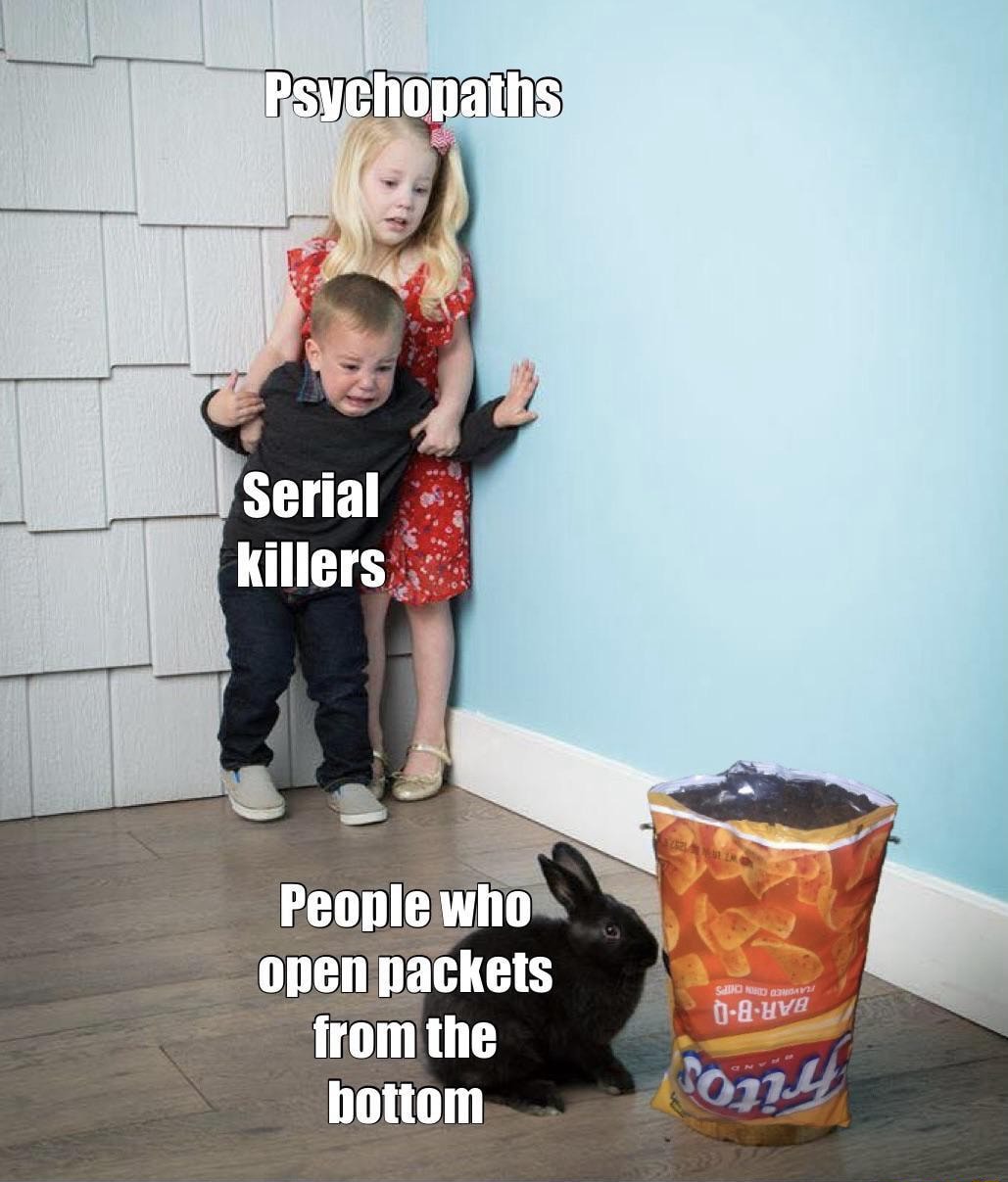 Kids scared of rabbit meme huddle against wall terrified of people who open packets from the bottom