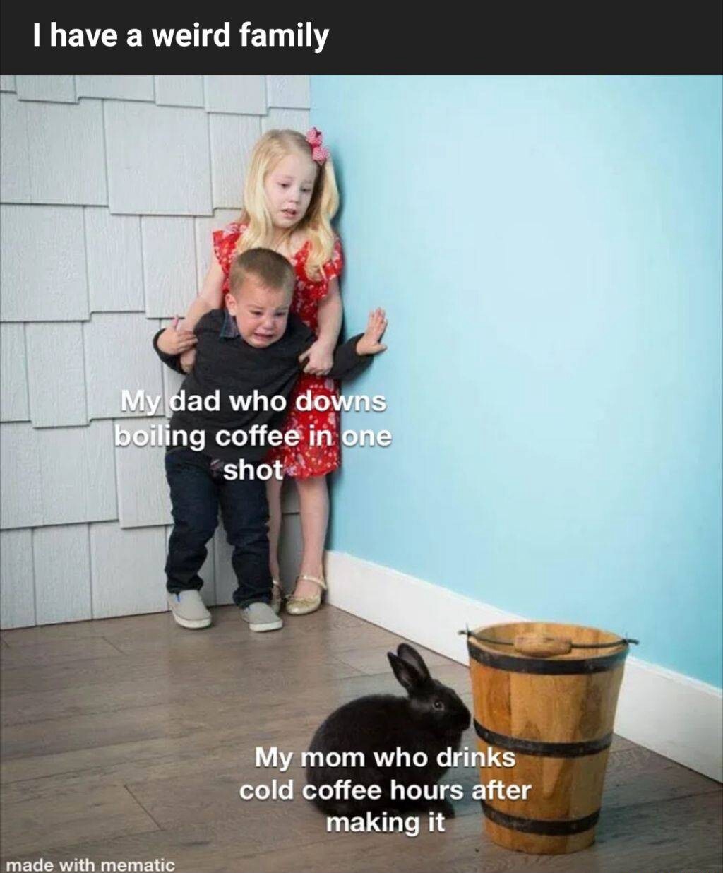 Kids scared of rabbit meme showing weird family opposite coffee drinking habits