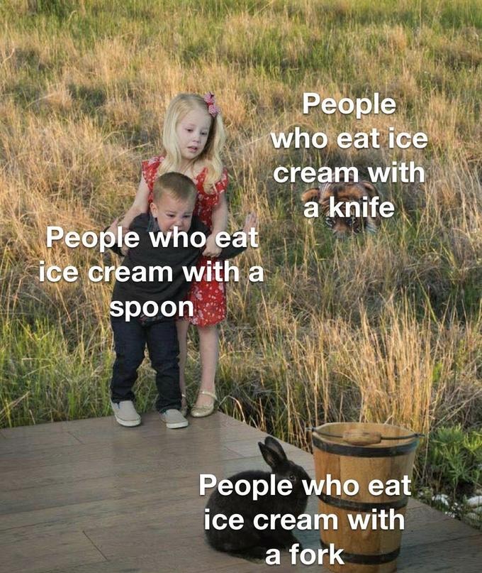 Kids scared of rabbit meme showing funny different ice cream eating utensil preferences