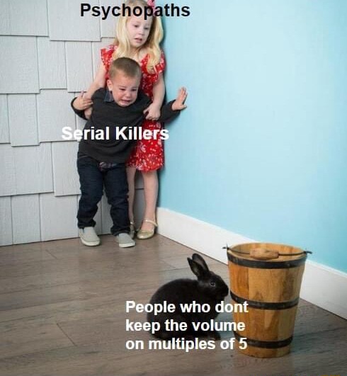 Kids scared of rabbit meme cower in corner fearing people who don't keep volume on multiples of 5