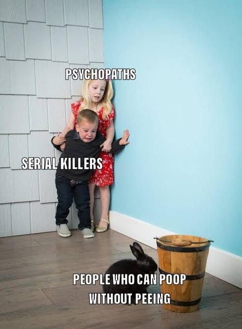 Kids scared of rabbit meme cowering in corner terrified of people who poop without peeing