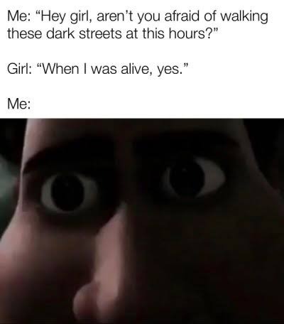 Tighten staring meme shocked by ghost girl on dark streets