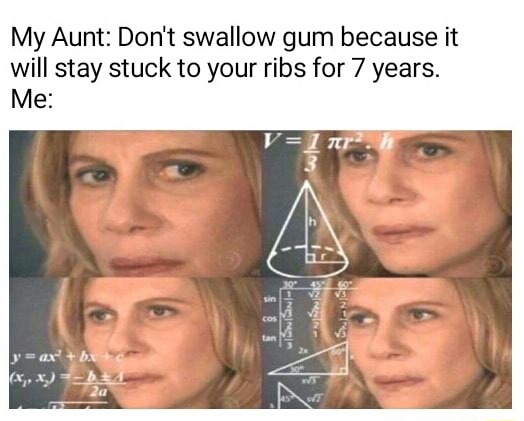 Confused math lady meme confused by aunt's 7 year gum myth Confused math lady meme confused by aunt's 7 year gum myth