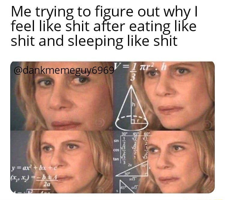 Confused math lady meme wondering why feel bad after bad eating sleeping Confused math lady meme wondering why feel bad after bad eating sleeping