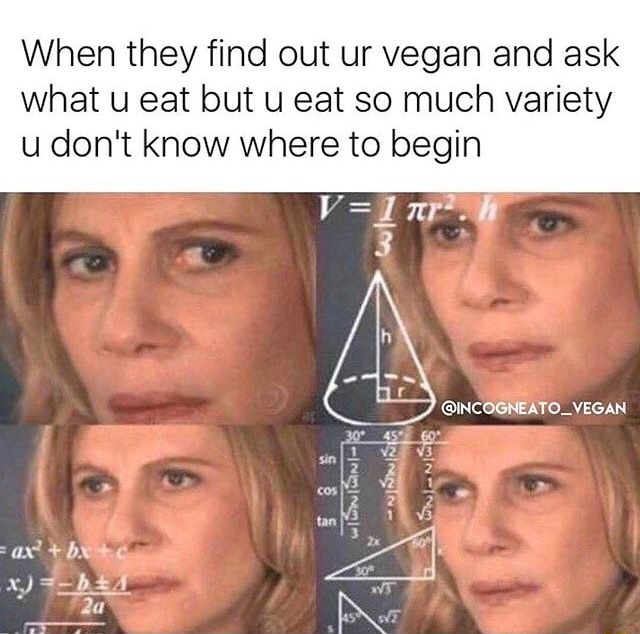 Confused math lady meme stuck explaining vegan diet Confused math lady meme stuck explaining vegan diet