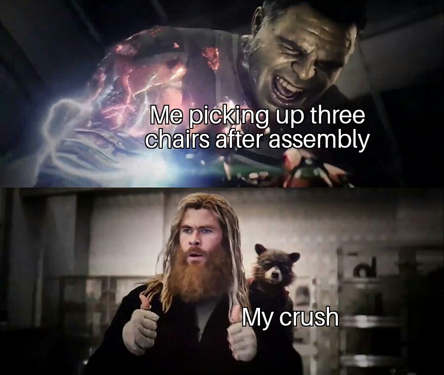 Hulk thor thumbs up meme picking up chairs to impress crush Hulk thor thumbs up meme picking up chairs to impress crush