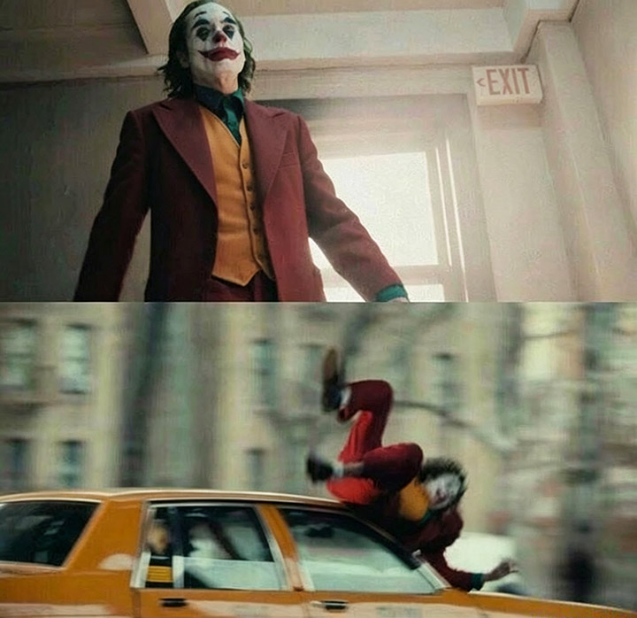 Joker gets hit by a car meme posing then knocked over