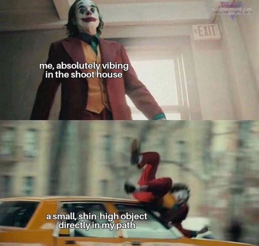 Joker gets hit by a car meme trips over small shin object mid vibe