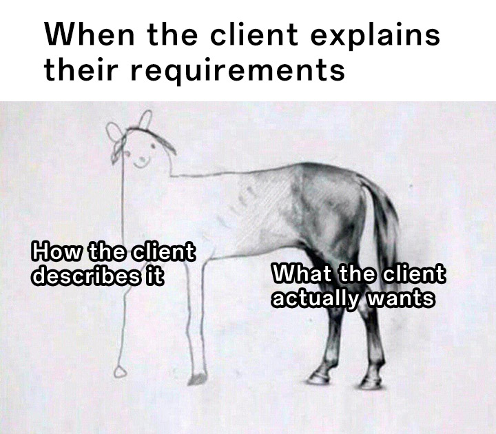 Unfinished horse drawing meme mismatched client requirements