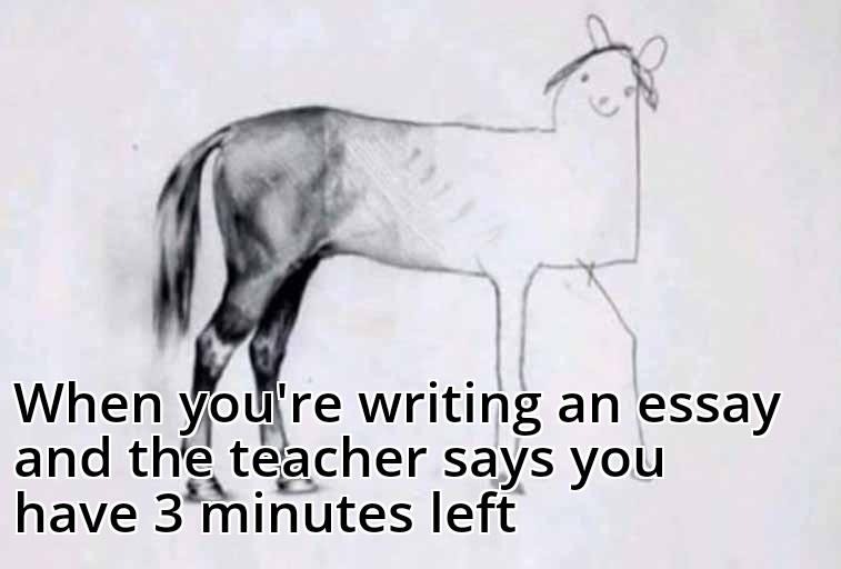 Unfinished horse drawing meme rushing to finish essay in 3 minutes